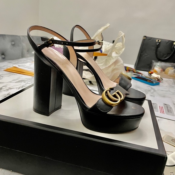 100% Authentic Gucci Black Calfskin GG Marmont Ankle Wrap Platform Sandals - Picture 2 of 12